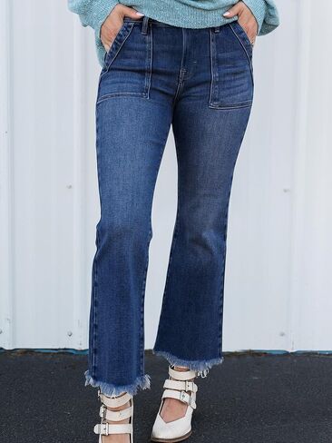 بنطلون جينز نسائي، بنطلون جينز عالي الخصر من قماش الدنيم قابل للتمدد وخصر مرن وطول الكاحل مع حاشية خام in Kuwait