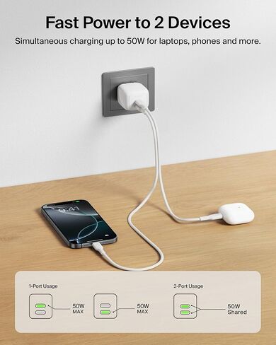 Belkin 2-Port USB C Charger Block 50W ، شاحن GAN ثنائي المنفذ W/ 2x USB C Ports وشملت 1M C-C كابل ، شحن سريع لـ MacBook ، iPhone ، iPad ، Chromebook ، Galaxy ، Pixel-Travel Essentials-White in Kuwait