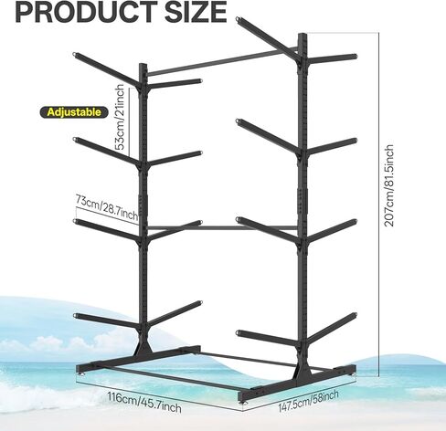 رف تخزين LotFun Kayak، حامل كاياك قائم بذاته شديد التحمل وقابل للتعديل، مرآب تخزين داخلي وخارجي، مع عجلات ووسادة قدم، لزوارق الكاياك، وSUPs، والزوارق، وألواح ركوب الأمواج (مستويين) in Kuwait