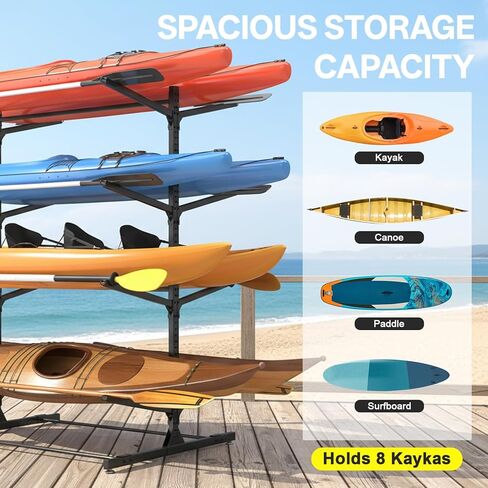 رف تخزين LotFun Kayak، حامل كاياك قائم بذاته شديد التحمل وقابل للتعديل، مرآب تخزين داخلي وخارجي، مع عجلات ووسادة قدم، لزوارق الكاياك، وSUPs، والزوارق، وألواح ركوب الأمواج (مستويين) in Kuwait