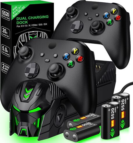 Rechargeable Controller Charger Station with 2X 5520mWh Battery Pack Compatible with Xbox Series X/S/Xbox One/One X/One S Elite, Controller Accessories Storage Kit with 4 Battery Cases in Saudi Arabia
