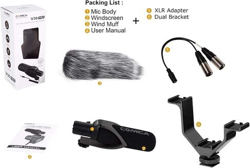 CVM-V30 PRO BLACK Super-Cardioid Directional Electric Condenser Shotgun Camera & Video Microphone for Canon Nikon Sony Panasonic Fujifilm Olympus DSLR Camera for Both 3.5mm & XLR + Dual Bracket in Saudi Arabia