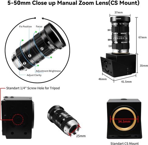 4K USB Camera 1080P@120fps High Speed USB Webcam with CS-Mount 5-50mm 10X Telephoto Zoom Manual Lens,12MP Close up Camera OpenCV Plug and Play for Live Streaming Industrial Project Meeting in Saudi Arabia