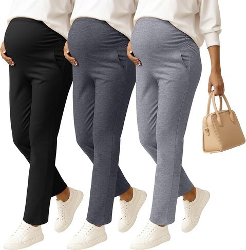 3 Pack Women's Maternity Pants | Pregnancy Leggings, Over The Belly, Wide Waist, Pocket, Ruched, Work Casual Trouser, Office, Travel in Saudi Arabia