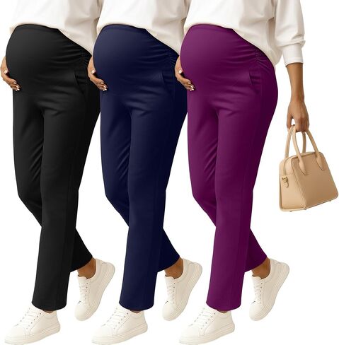 3 Pack Women's Maternity Pants Over The Belly Pregnancy Wide Waist Pants Pocket Side Ruched Work Casual Trousers in Saudi Arabia