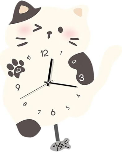 ساعة حائط معلقة على شكل قطة من Qianly، زخرفة جدارية مع ذيل متأرجح، ساعة بندول صامتة للمكتب، غرفة المعيشة، ديكور المنزل، أسود أبيض in Kuwait