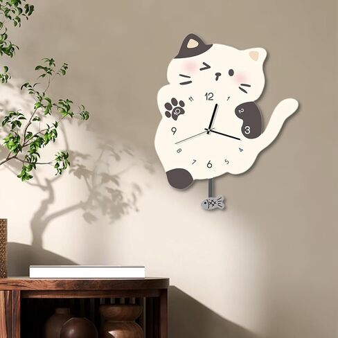 ساعة حائط معلقة على شكل قطة من Qianly، زخرفة جدارية مع ذيل متأرجح، ساعة بندول صامتة للمكتب، غرفة المعيشة، ديكور المنزل، أسود أبيض in Kuwait