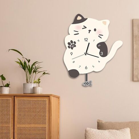 ساعة حائط معلقة على شكل قطة من Qianly، زخرفة جدارية مع ذيل متأرجح، ساعة بندول صامتة للمكتب، غرفة المعيشة، ديكور المنزل، أسود أبيض in Kuwait