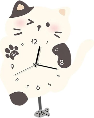 ساعة حائط معلقة على شكل قطة من Qianly، زخرفة جدارية مع ذيل متأرجح، ساعة بندول صامتة للمكتب، غرفة المعيشة، ديكور المنزل، أسود أبيض in Kuwait