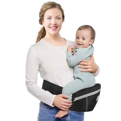 حاملة أطفال بمقعد الورك، حاملة أمامية مريحة لحديثي الولادة والأطفال الصغار، حزام خصر قابل للتعديل مع دعم قوي، تصميم بجيب كبير، رمادي in Kuwait