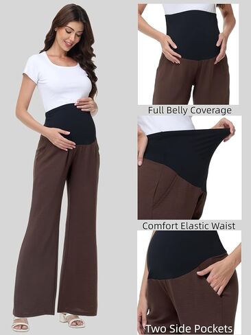 سراويل الحمل النسائية واسعة الساق عالية الخصر كاجوال Palazzo Beach Pants مريحة للحمل in Kuwait