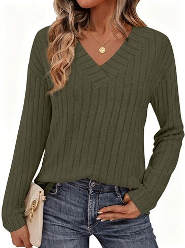 PRETTYGARDEN Fall Fashion 2025 Long Sleeve Shirts for Women Ribbed Knit V Neck Dressy Casual Lightweight Sweaters Tunic Tops in Saudi Arabia