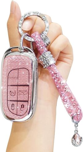 غطاء مفتاح Fob لسيارة جيب مع سلسلة مفاتيح Diamond Bling، متوافق مع دودج دورانجو رينيجيد تشارجر جراند شيروكي (وردي) in Kuwait