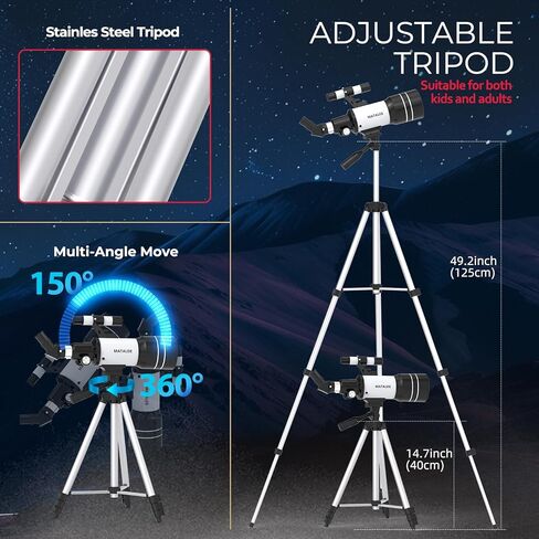 Telescope for Beginners & Kids, 70mm Aperture Refractor Astronomy Telescope with 300mm Focal Length, 15X-150X Magnification, Includes Full Accessory Kit & Tripod, Phone Adapter, Wireless Remote in Saudi Arabia