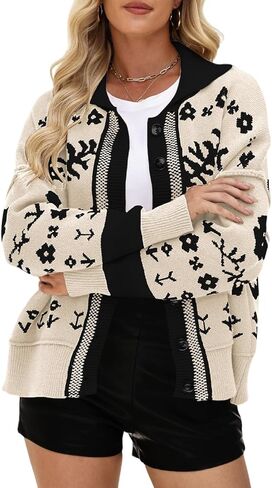 yoeasy Womens Cardigans Sweater Color Block Trendy Fall Long Sleeve Button Down Cardigan Loose Open Front Knit Sweater Coats in Saudi Arabia