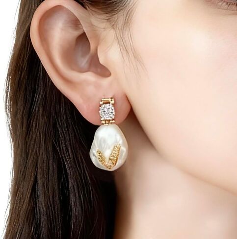 Drop Dangle Earrings Freshwater Cultured Baroque Pearls in White and Pink|18K Gold Plated|925 Sterling Silver|Hypoallergenic Jewelry Gift for Women in Saudi Arabia
