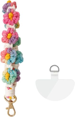 Macrame Handmade Wristlet Keychain with Key Ring Cute Flower Lanyards Boho Rope Phone Lanyard + Phone Tether Tab in Kuwait