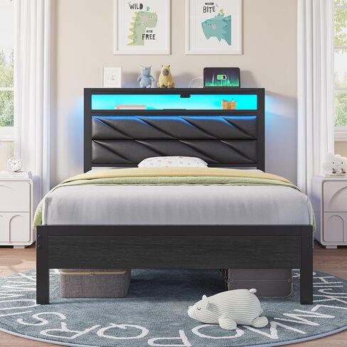 Seventable Bed Frame Twin Size with Charging Station, LED Bed with Upholstered Storage Headboard, Metal Platform Bed with Under Bed Storage, No Box Spring Needed, Noise Free, Easy Assembly, White in Saudi Arabia