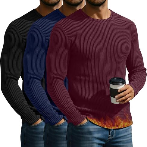 3 Pack Men's Big and Tall Thermal Shirts, Cotton Long Sleeve Ribbed Sweater Crew Neck Knit Pullover Basic Undershirt in Saudi Arabia
