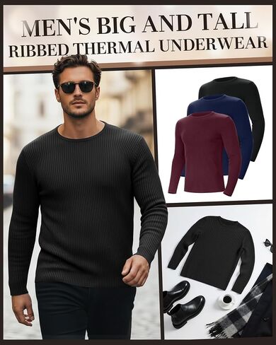 3 Pack Men's Big and Tall Thermal Shirts, Cotton Long Sleeve Ribbed Sweater Crew Neck Knit Pullover Basic Undershirt in Saudi Arabia