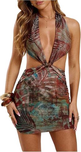 WDIRARA Women's Tropical Cut Out Halter Dress Deep V Neck Backless Bodycon Mini Dresses in Saudi Arabia