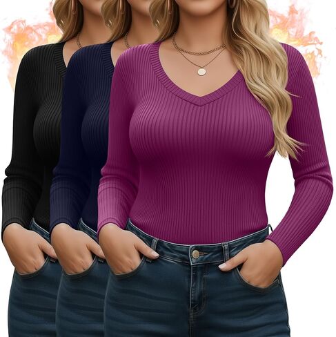 3 Pack Women's Plus Size Shirts, Cotton Long Sleeve Ribbed Knit Pullover Tops V Neck Slim Fit Sweater Basic Tshirt in Kuwait