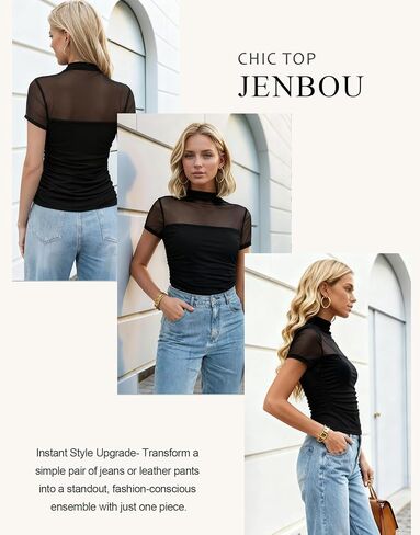 Jenbou Mesh Top Women Mock Turtleneck Short Sleeve Tops Ruched Sexy Going Out Outfit Shirts in Saudi Arabia
