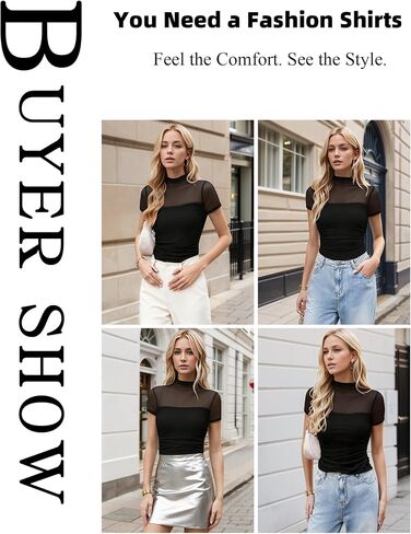 Jenbou Mesh Top Women Mock Turtleneck Short Sleeve Tops Ruched Sexy Going Out Outfit Shirts in Saudi Arabia