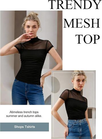 Jenbou Mesh Top Women Mock Turtleneck Short Sleeve Tops Ruched Sexy Going Out Outfit Shirts in Saudi Arabia