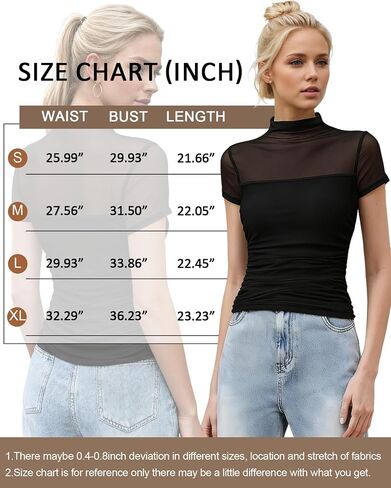 Jenbou Mesh Top Women Mock Turtleneck Short Sleeve Tops Ruched Sexy Going Out Outfit Shirts in Saudi Arabia
