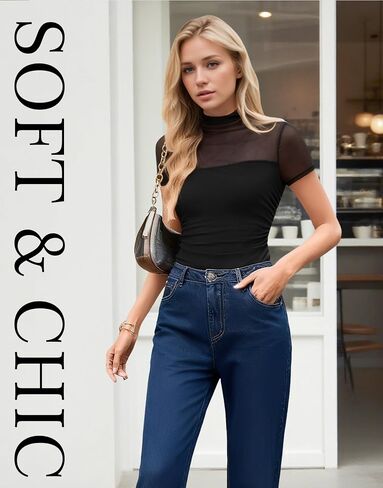 Jenbou Mesh Top Women Mock Turtleneck Short Sleeve Tops Ruched Sexy Going Out Outfit Shirts in Saudi Arabia