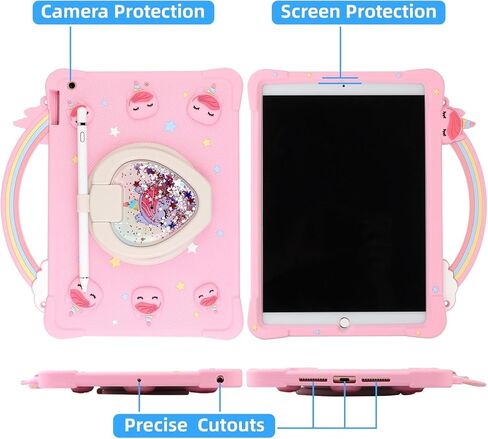 [مقبض قوس قزح لطيف Super Case Unicorn] متوافق مع Samsung Galaxy Tab A7 Lite 8.7 '' ، غطاء واقعي لـ Galaxy Tab A7 Lite (2021) SM-T220/T225/T227 مع حامل دوار 360 درجة (وردي) in Kuwait