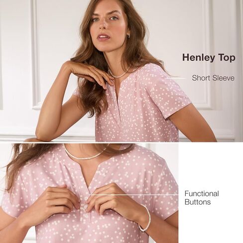 طقم بيجامة للسيدات من Anne Klein بأكمام قصيرة وشورت Henley - نسيج سترة ناعمة - ملابس نوم خفيفة الوزن وملابس نوم PJs in Saudi Arabia