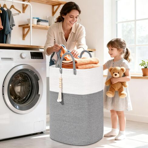 65L Woven Laundry Basket for Clothes, Large Rectangle Laundry Hampers with Beads Tassel, Nursery Storage Basket for Toys, Tall Dirty Clothes Hamper for Bedroom Aesthetic, Laundry Room Organization in Kuwait