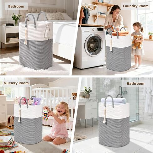 65L Woven Laundry Basket for Clothes, Large Rectangle Laundry Hampers with Beads Tassel, Nursery Storage Basket for Toys, Tall Dirty Clothes Hamper for Bedroom Aesthetic, Laundry Room Organization in Kuwait