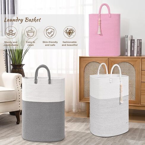 65L Woven Laundry Basket for Clothes, Large Rectangle Laundry Hampers with Beads Tassel, Nursery Storage Basket for Toys, Tall Dirty Clothes Hamper for Bedroom Aesthetic, Laundry Room Organization in Kuwait