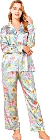 Womens Silk Satin Long Sleeve Pajamas Set Button Down 2 Piece Pjs Soft Comfy Oversized Sleepwear with Pockets in Saudi Arabia
