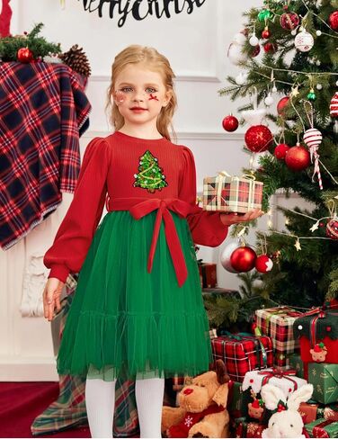 Arshiner Tulle Dress Toddler Girls Puff Long Lantern Sleeves Fall Winter Tutu Party Dresses with Tie Belt 3-8Y in Saudi Arabia