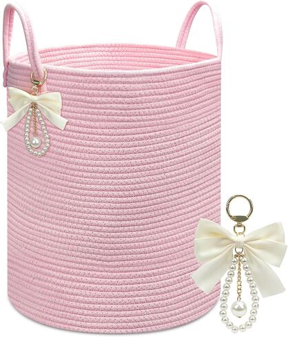 Pink Woven Laundry Hamper Basket with Bow, Large Tall Clothes Storage Basket for Baby Nursery, Girls Room, Bathroom & Bedroom Organizer 15"x17.7" in Kuwait