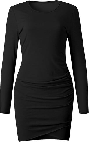 AUXDIO Women Bodycon Long Sleeve Dresses Casual Ruched Wrap 2025 Spring Fall Party Club Mini Dress in Kuwait