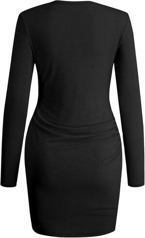 AUXDIO Women Bodycon Long Sleeve Dresses Casual Ruched Wrap 2025 Spring Fall Party Club Mini Dress in Kuwait