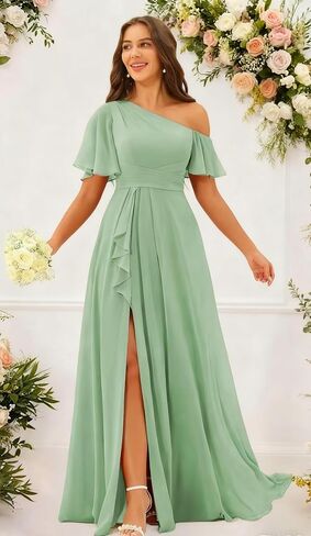 One Shoulder Bridesmaid Dresses with Pockets for Women Ruffle Chiffon Pleated Long Formal Dress in Saudi Arabia