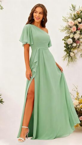 One Shoulder Bridesmaid Dresses with Pockets for Women Ruffle Chiffon Pleated Long Formal Dress in Saudi Arabia