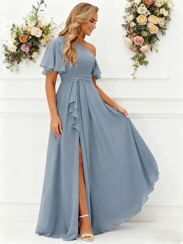 One Shoulder Bridesmaid Dresses with Pockets for Women Ruffle Chiffon Pleated Long Formal Dress in Saudi Arabia