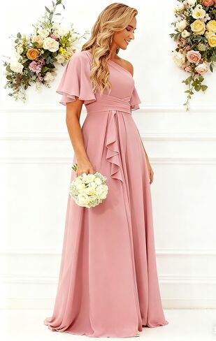 One Shoulder Bridesmaid Dresses with Pockets for Women Ruffle Chiffon Pleated Long Formal Dress in Saudi Arabia