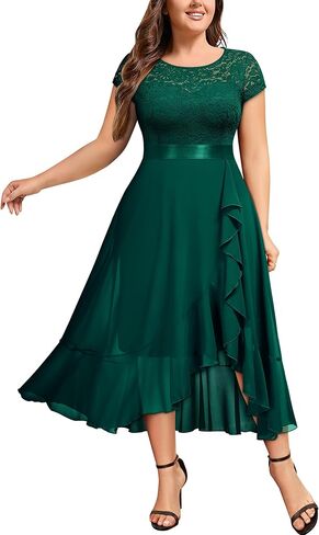 فستان Miusol نسائي مقاس كبير مكشكش من الدانتيل والدانتيل المتباين من الشيفون الرسمي لوصيفة العروس وحفلات الكوكتيل in Kuwait