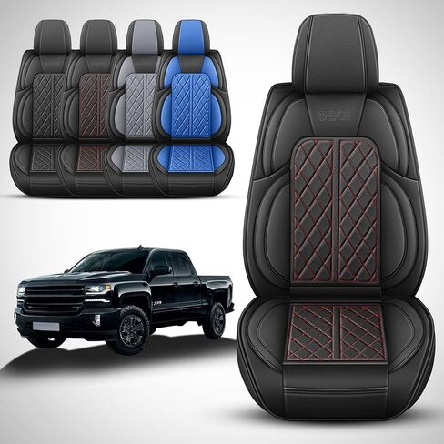 أغطية مقاعد مخصصة مناسبة لسيارة Chevy Silverado GMC Sierra 1500 2007-2025 2500/3500 HD Crew Cab Pickup Truck غطاء مقعد وسادة حماية مع جلد صناعي مقاوم للماء (أسود، مجموعة كاملة) in Kuwait