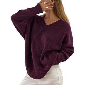 Women's Oversized Fall Sweaters Long Sleeve V Neck Loose Knit Pullover Tops Airport Travel Outfit in Saudi Arabia
