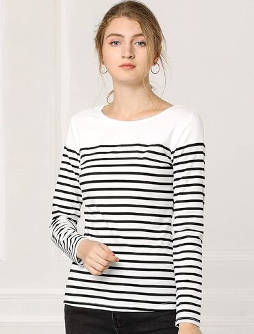 Allegra K Women's Striped Top Long Sleeve Crew Neck Tops Casual T Shirt Medium Army Green in Saudi Arabia
