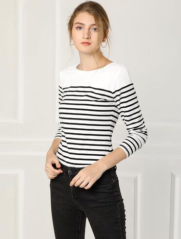 Allegra K Women's Striped Top Long Sleeve Crew Neck Tops Casual T Shirt Medium Army Green in Saudi Arabia